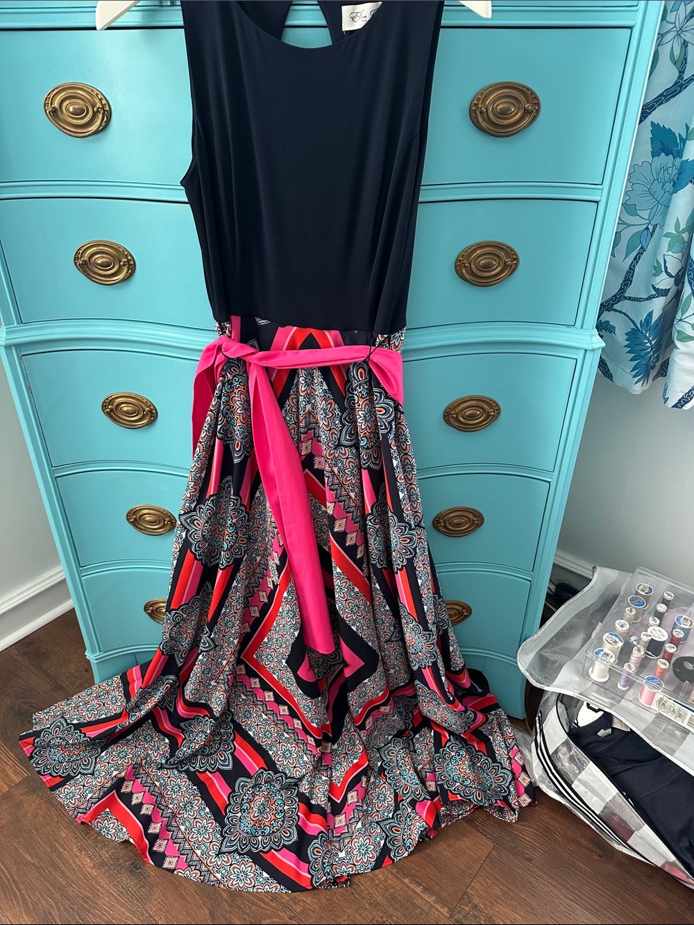 Eliza J Navy Maxi Skirt with Hot Pink and Coral Geometric Print